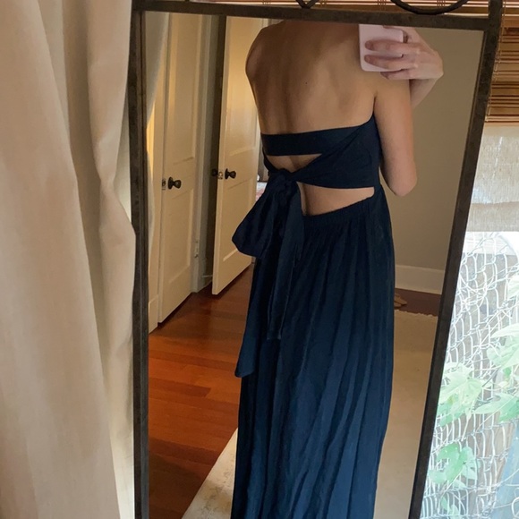 Navy Blue Strapless Linen Blend Midi Dress Tie Back Sz S - Picture 4 of 6